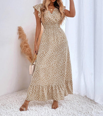 Print Ruffle Sleeve V Neck Maxi Dress