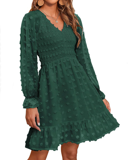 Women's Spring V Neck Swiss Dot Chiffon Mini Dress (Buy 2 Free Shipping)