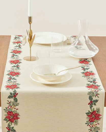CHRISTMAS POINSETTIA JACQUARD COTTON TABLE RUNNER