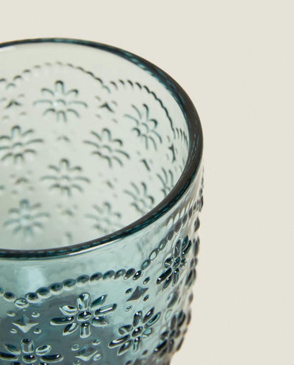 RAISED FLORAL DESIGN GLASS TUMBLER