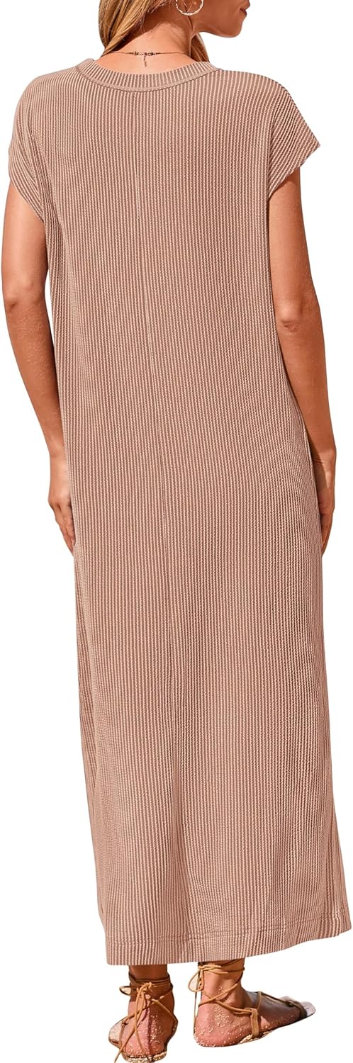 Women's Ribbed Henley Button Up Split Long Dress (Buy 2 Free Shipping)