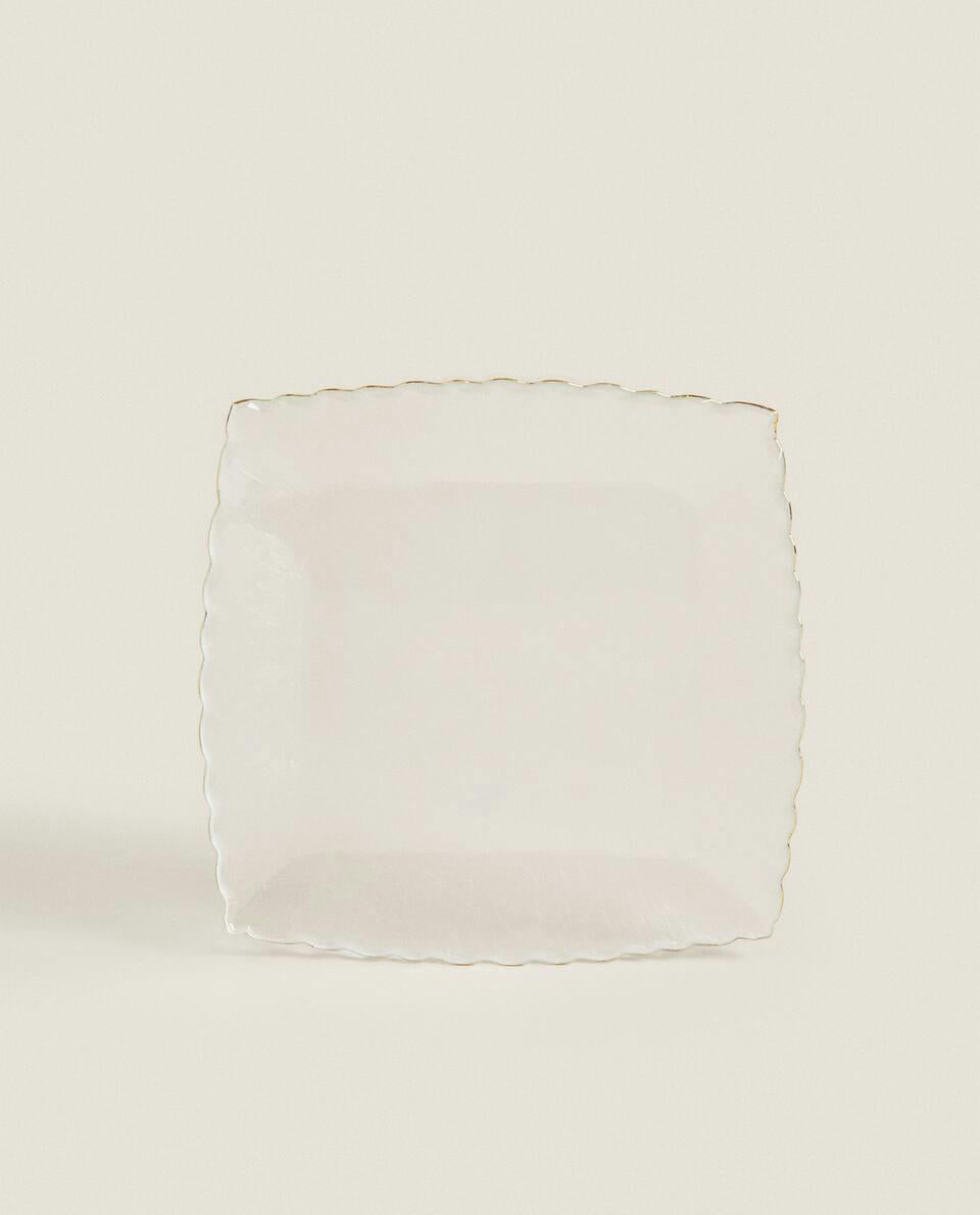 CHRISTMAS GLASS DESSERT PLATE WITH GOLD RIM