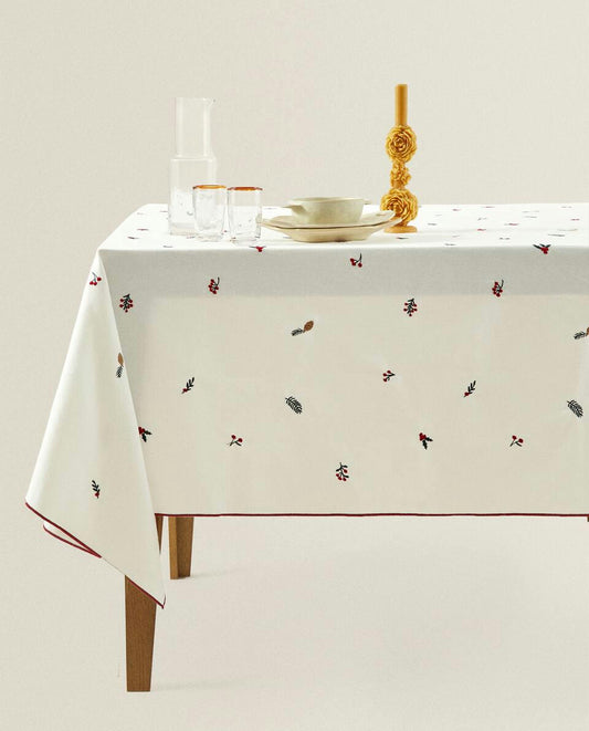 COTTON TABLECLOTH WITH CHRISTMAS BRANCH EMBROIDERY