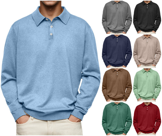 Men's Casual and Comfortable Solid Color Lapel Long Sleeve POLO Shirt