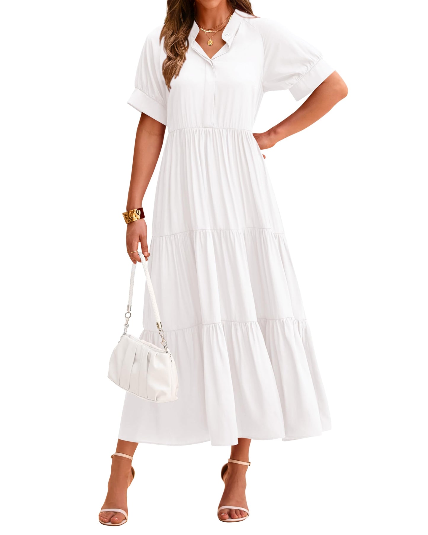 Women's Casual Button Short Sleeve Pleated Tiered Midi Dress (Buy 2 Free Shipping)