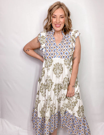 Women's Casual Printed Ruffle Sleeve Midi Dress (Buy 2 Free Shipping)