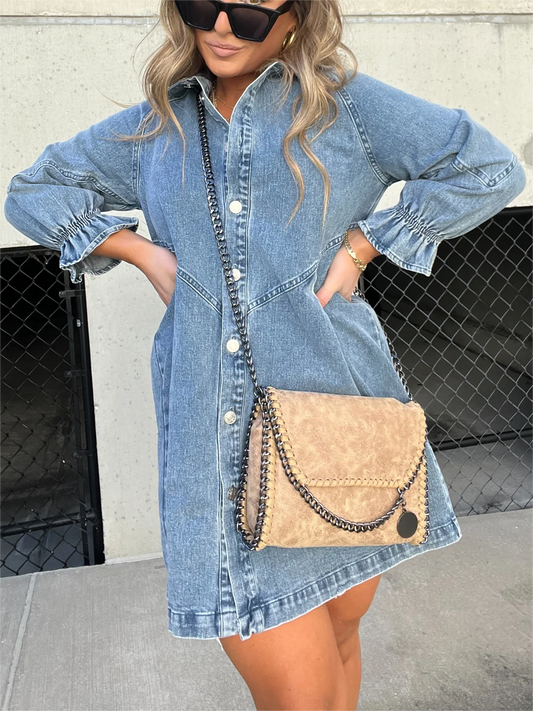 New Washed Denim Puff Sleeve Dress (Buy 2 Free Shipping)