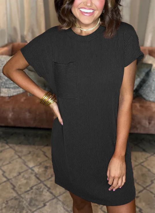 New Ribbed Round Neck Pocket Dress (Buy 2 Free Shipping)
