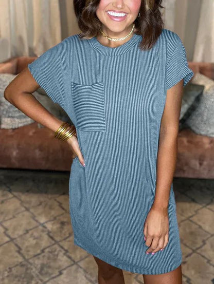 New Ribbed Round Neck Pocket Dress (Buy 2 Free Shipping)