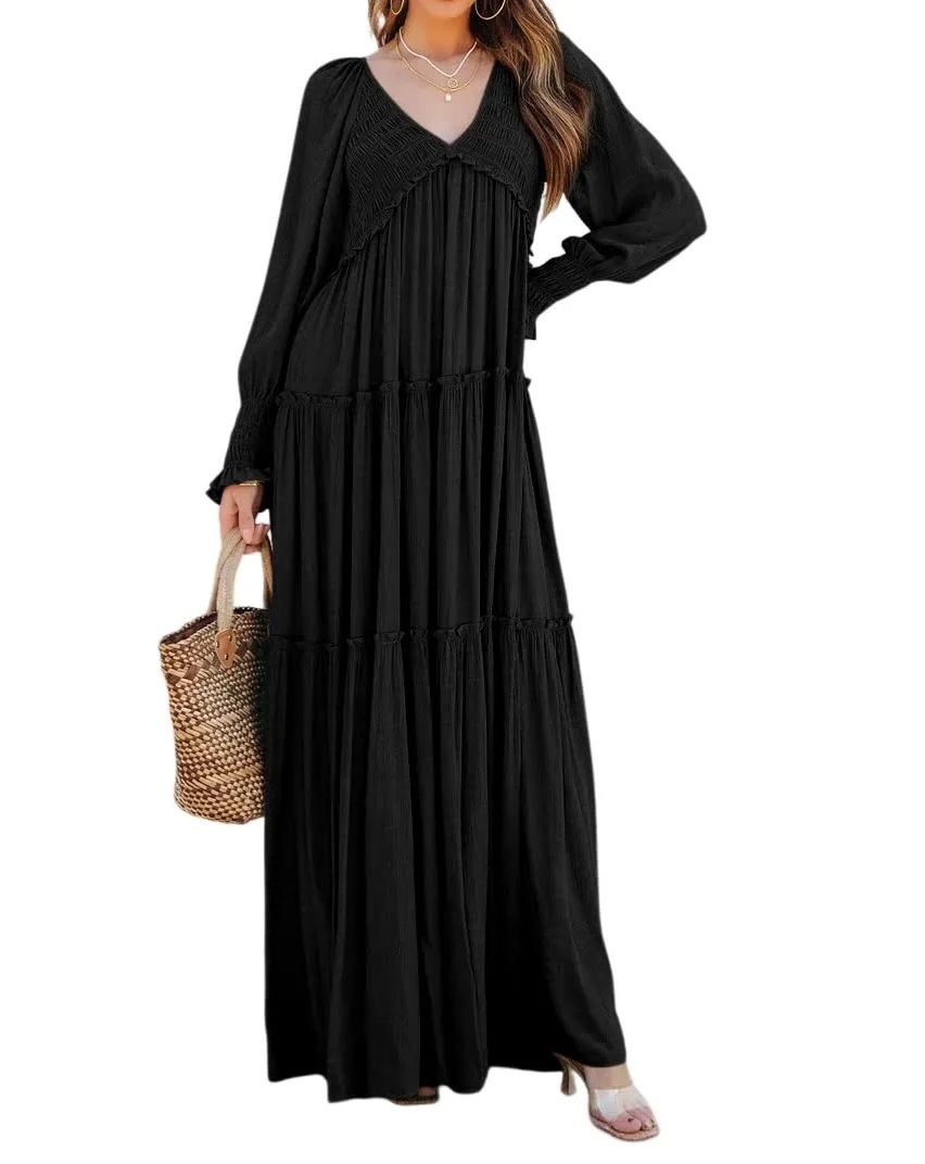 Women's Long Sleeve V Neck Boho Flowy Maxi Dresses (Buy 2 Free Shipping)